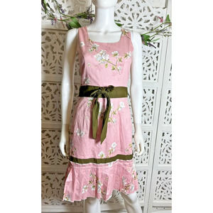 90s Y2K Women’s Preppy Pink Floral Silk Sleeveless Fit Flare Dress Size Small